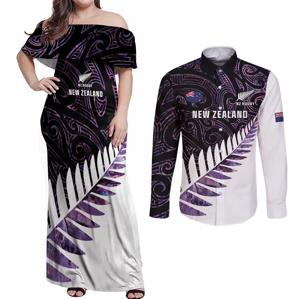 New Zealand Silver Fern Rugby Custom Couples Matching Off Shoulder Maxi Dress and Long Sleeve Button Shirt Go All Black Purple Maori Paua Shell LT14 Purple - Polynesian Pride