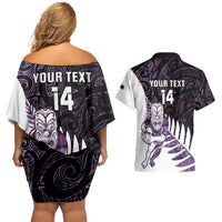 New Zealand Silver Fern Rugby Custom Couples Matching Off Shoulder Short Dress and Hawaiian Shirt Go All Black Purple Maori Paua Shell LT14 - Polynesian Pride