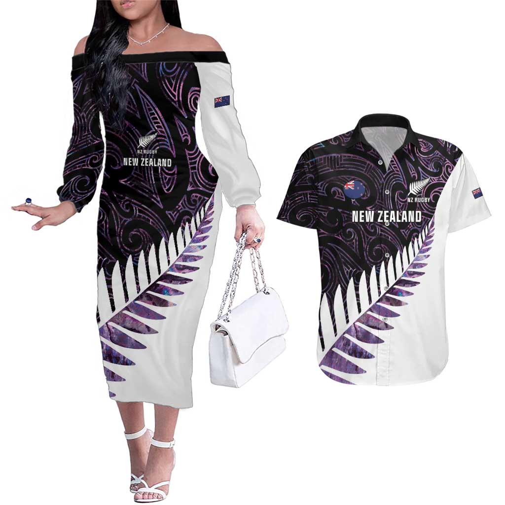 New Zealand Silver Fern Rugby Custom Couples Matching Off The Shoulder Long Sleeve Dress and Hawaiian Shirt Go All Black Purple Maori Paua Shell LT14 Purple - Polynesian Pride