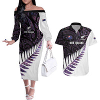 New Zealand Silver Fern Rugby Custom Couples Matching Off The Shoulder Long Sleeve Dress and Hawaiian Shirt Go All Black Purple Maori Paua Shell LT14 Purple - Polynesian Pride