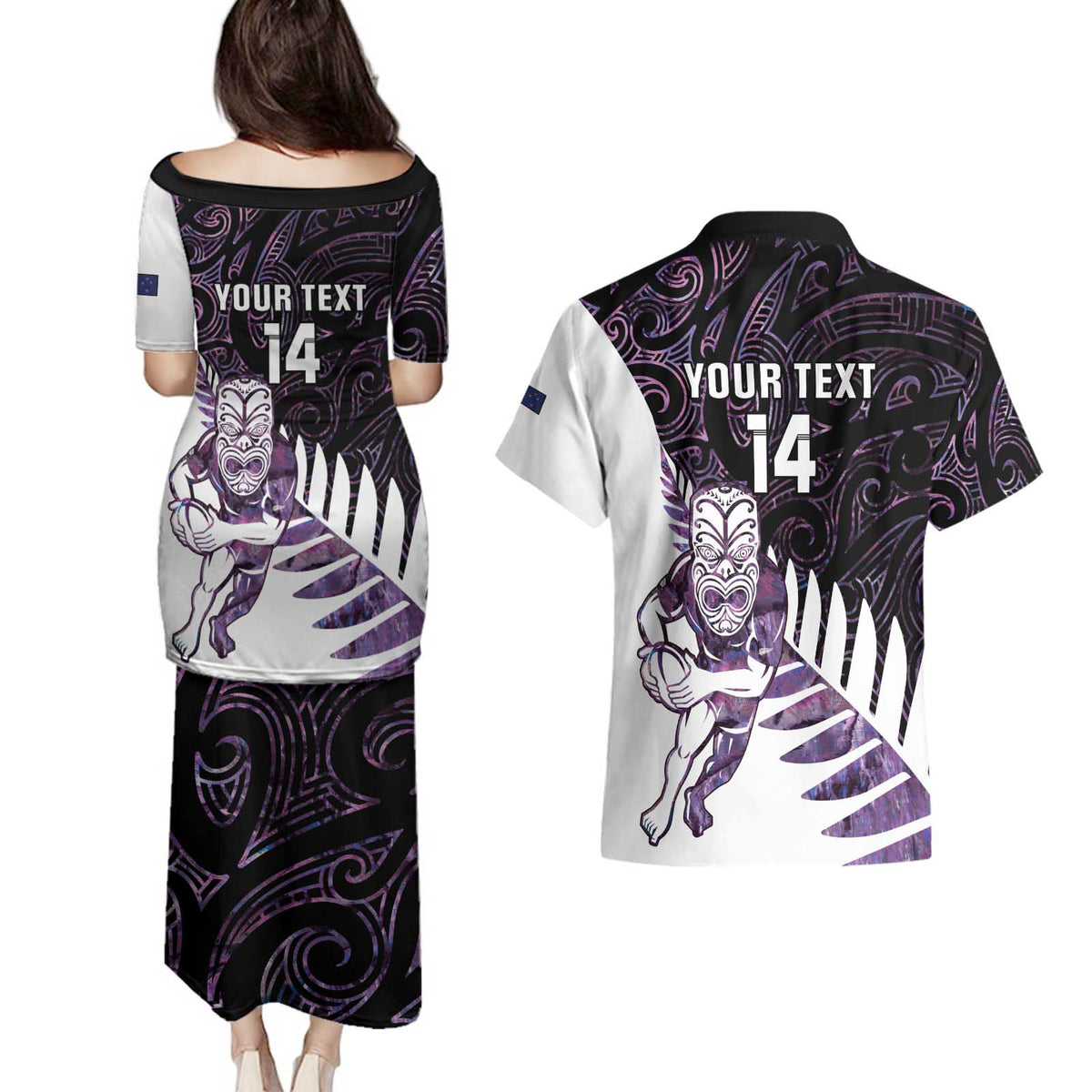 New Zealand Silver Fern Rugby Custom Couples Matching Puletasi and Hawaiian Shirt Go All Black Purple Maori Paua Shell - Polynesian Pride