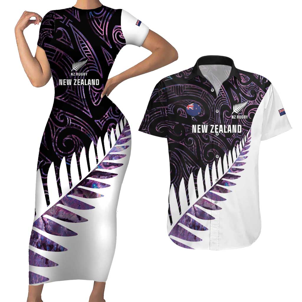 New Zealand Silver Fern Rugby Custom Couples Matching Short Sleeve Bodycon Dress and Hawaiian Shirt Go All Black Purple Maori Paua Shell - Polynesian Pride