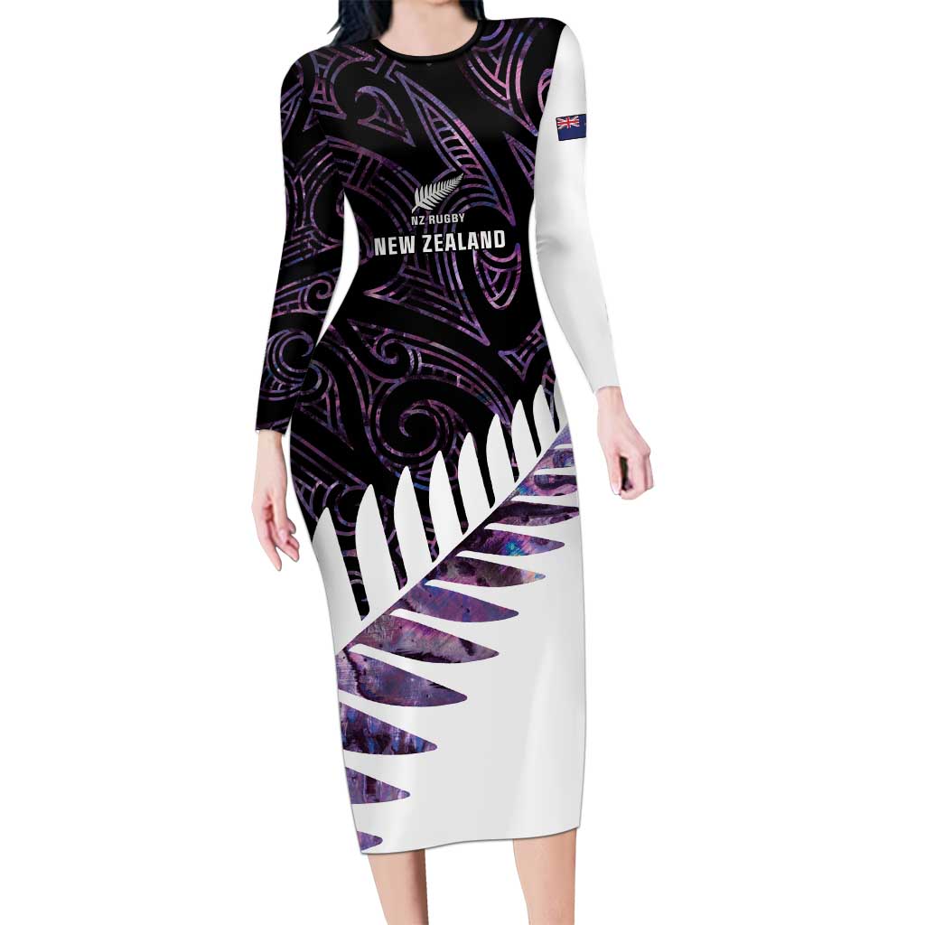 New Zealand Silver Fern Rugby Custom Family Matching Long Sleeve Bodycon Dress and Hawaiian Shirt Go All Black Purple Maori Paua Shell LT14 Mom's Dress Purple - Polynesian Pride