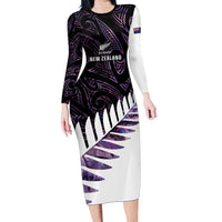 New Zealand Silver Fern Rugby Custom Family Matching Long Sleeve Bodycon Dress and Hawaiian Shirt Go All Black Purple Maori Paua Shell LT14 Mom's Dress Purple - Polynesian Pride
