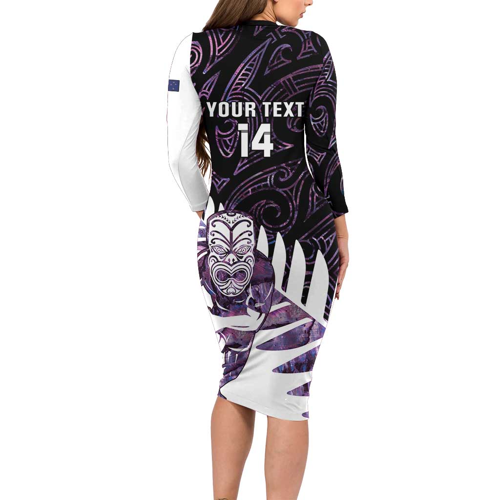 New Zealand Silver Fern Rugby Custom Family Matching Long Sleeve Bodycon Dress and Hawaiian Shirt Go All Black Purple Maori Paua Shell LT14 - Polynesian Pride