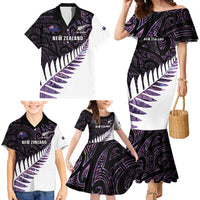 New Zealand Silver Fern Rugby Custom Family Matching Mermaid Dress and Hawaiian Shirt Go All Black Purple Maori Paua Shell LT14 - Polynesian Pride