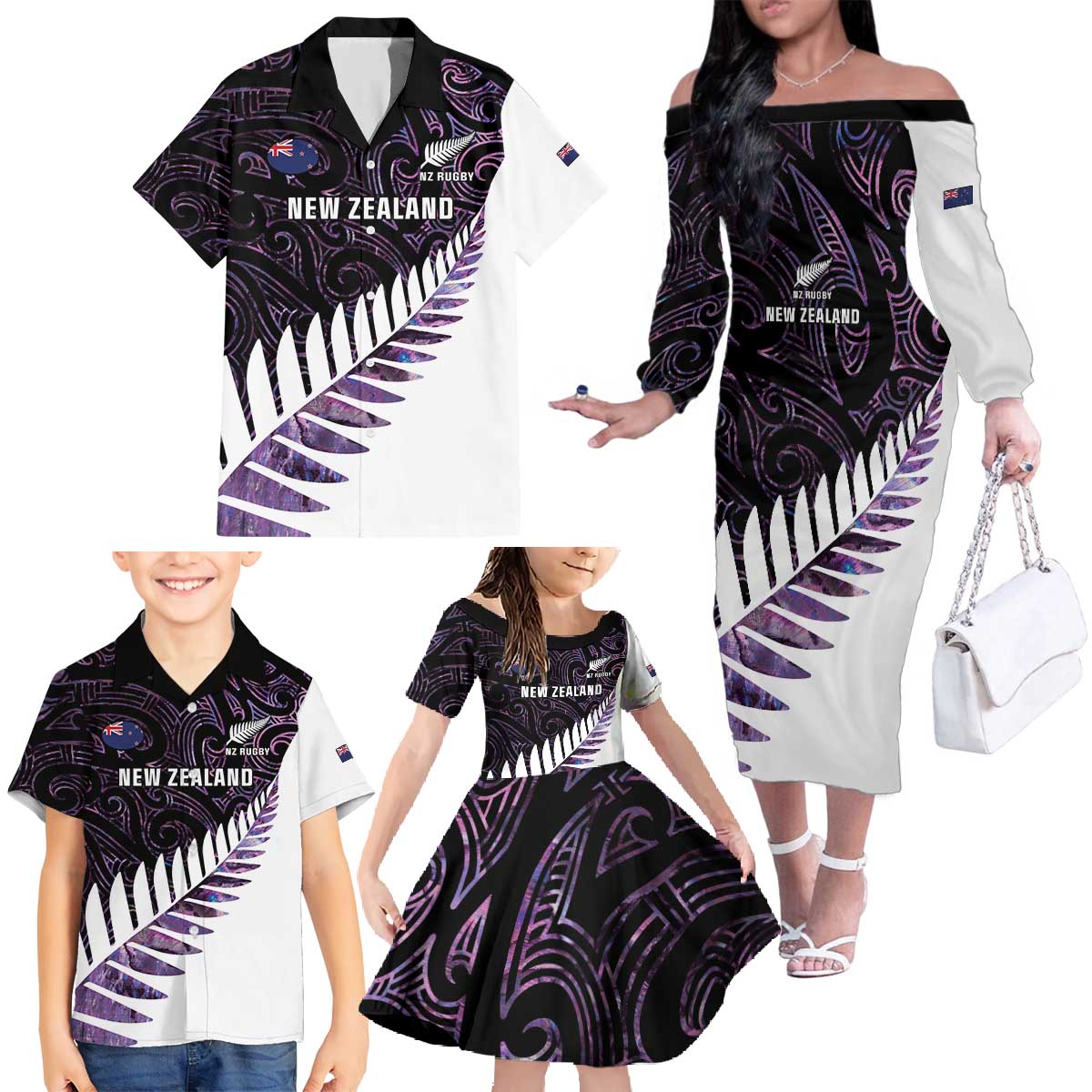 New Zealand Silver Fern Rugby Custom Family Matching Off The Shoulder Long Sleeve Dress and Hawaiian Shirt Go All Black Purple Maori Paua Shell LT14 - Polynesian Pride
