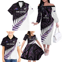 New Zealand Silver Fern Rugby Custom Family Matching Off The Shoulder Long Sleeve Dress and Hawaiian Shirt Go All Black Purple Maori Paua Shell LT14 - Polynesian Pride