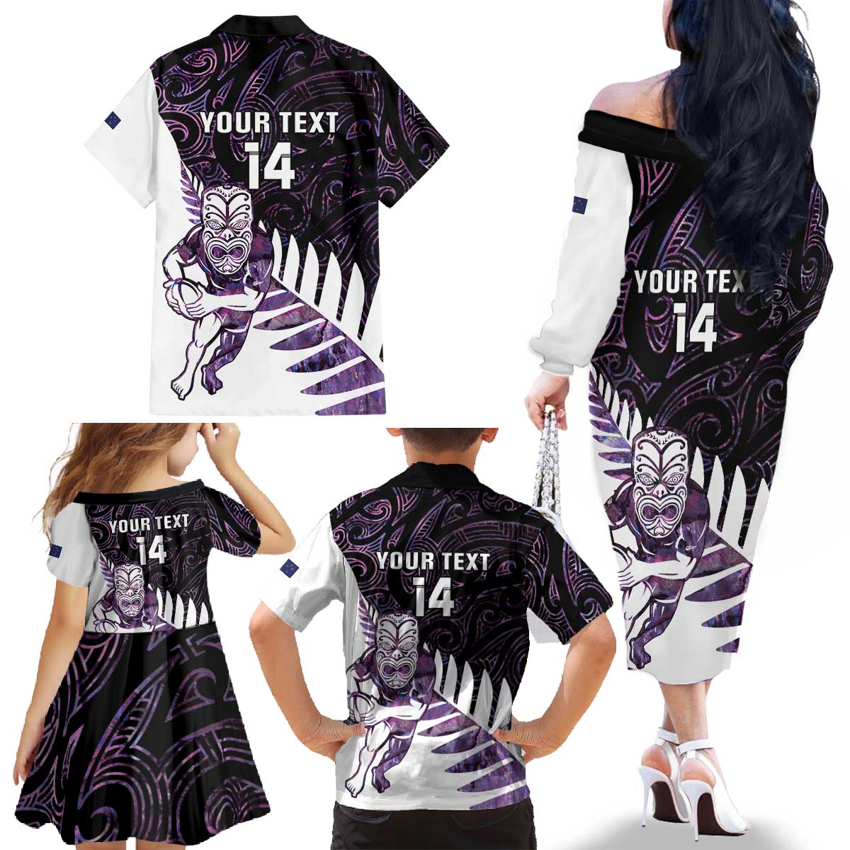 New Zealand Silver Fern Rugby Custom Family Matching Off The Shoulder Long Sleeve Dress and Hawaiian Shirt Go All Black Purple Maori Paua Shell LT14 - Polynesian Pride