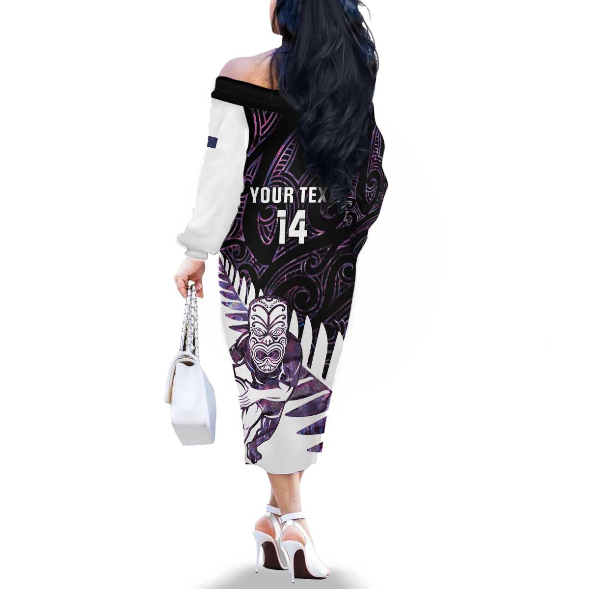 New Zealand Silver Fern Rugby Custom Family Matching Off The Shoulder Long Sleeve Dress and Hawaiian Shirt Go All Black Purple Maori Paua Shell LT14 - Polynesian Pride