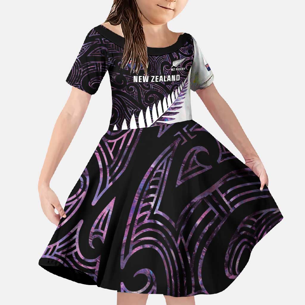 New Zealand Silver Fern Rugby Custom Family Matching Off Shoulder Maxi Dress and Hawaiian Shirt Go All Black Purple Maori Paua Shell LT14 Daughter's Dress Purple - Polynesian Pride