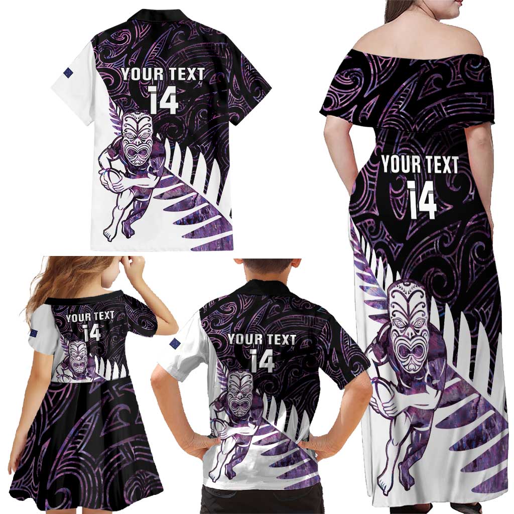 New Zealand Silver Fern Rugby Custom Family Matching Off Shoulder Maxi Dress and Hawaiian Shirt Go All Black Purple Maori Paua Shell LT14 - Polynesian Pride