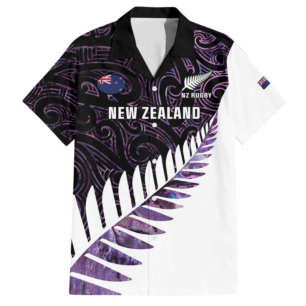 New Zealand Silver Fern Rugby Custom Family Matching Off Shoulder Maxi Dress and Hawaiian Shirt Go All Black Purple Maori Paua Shell LT14 Dad's Shirt - Short Sleeve Purple - Polynesian Pride