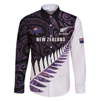 New Zealand Silver Fern Rugby Custom Family Matching Off Shoulder Maxi Dress and Hawaiian Shirt Go All Black Purple Maori Paua Shell LT14 Dad's Shirt - Long Sleeve Purple - Polynesian Pride