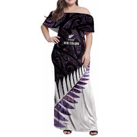 New Zealand Silver Fern Rugby Custom Family Matching Off Shoulder Maxi Dress and Hawaiian Shirt Go All Black Purple Maori Paua Shell LT14 Mom's Dress Purple - Polynesian Pride
