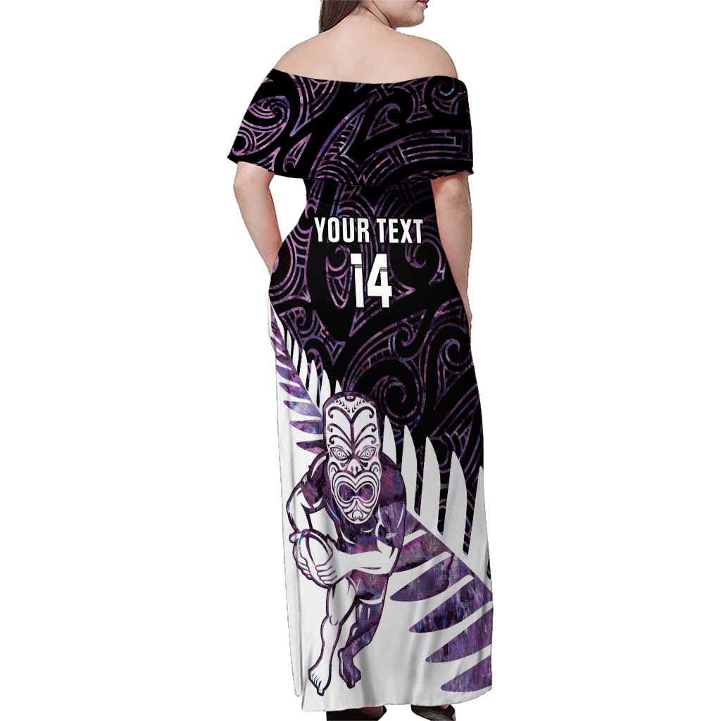 New Zealand Silver Fern Rugby Custom Family Matching Off Shoulder Maxi Dress and Hawaiian Shirt Go All Black Purple Maori Paua Shell LT14 - Polynesian Pride