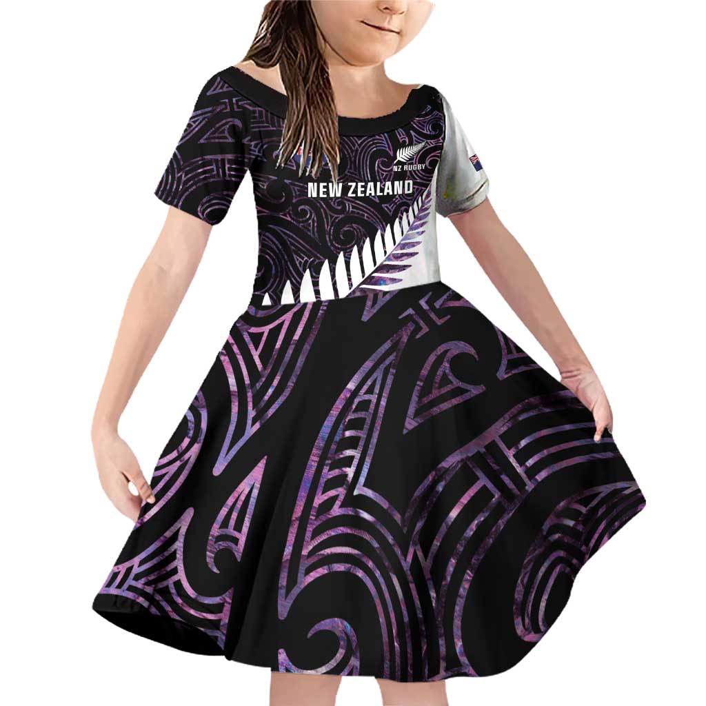 New Zealand Silver Fern Rugby Custom Family Matching Off Shoulder Short Dress and Hawaiian Shirt Go All Black Purple Maori Paua Shell LT14 Daughter's Dress Purple - Polynesian Pride