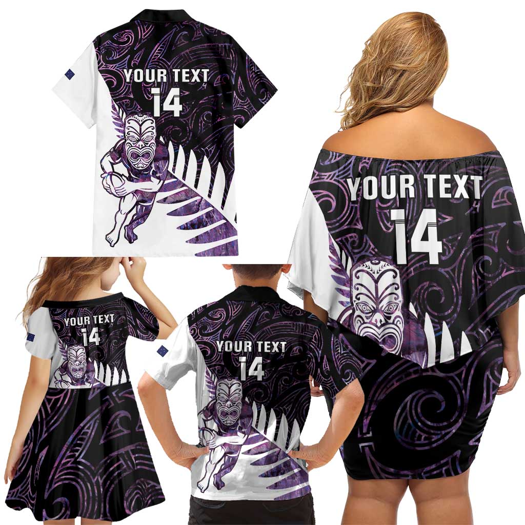 New Zealand Silver Fern Rugby Custom Family Matching Off Shoulder Short Dress and Hawaiian Shirt Go All Black Purple Maori Paua Shell LT14 - Polynesian Pride