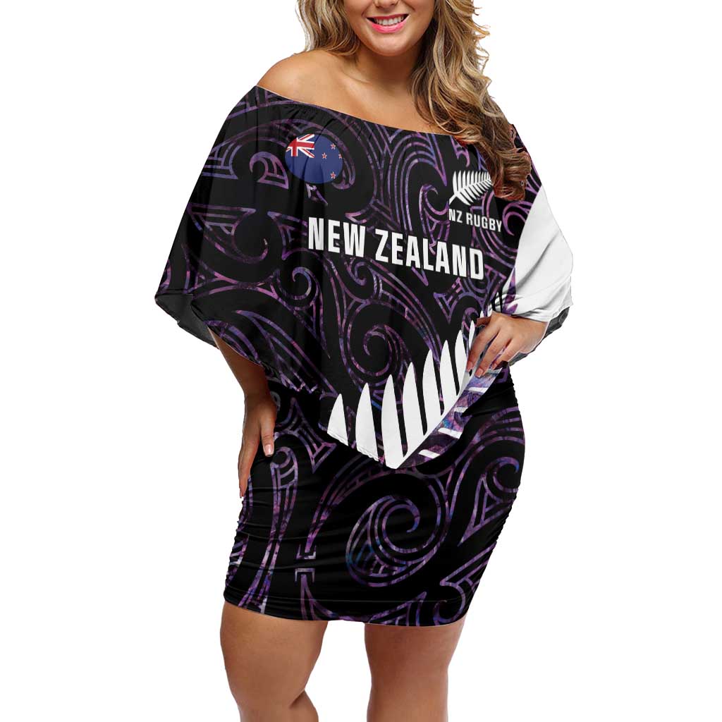 New Zealand Silver Fern Rugby Custom Family Matching Off Shoulder Short Dress and Hawaiian Shirt Go All Black Purple Maori Paua Shell LT14 Mom's Dress Purple - Polynesian Pride