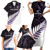 New Zealand Silver Fern Rugby Custom Family Matching Short Sleeve Bodycon Dress and Hawaiian Shirt Go All Black Purple Maori Paua Shell LT14 - Polynesian Pride