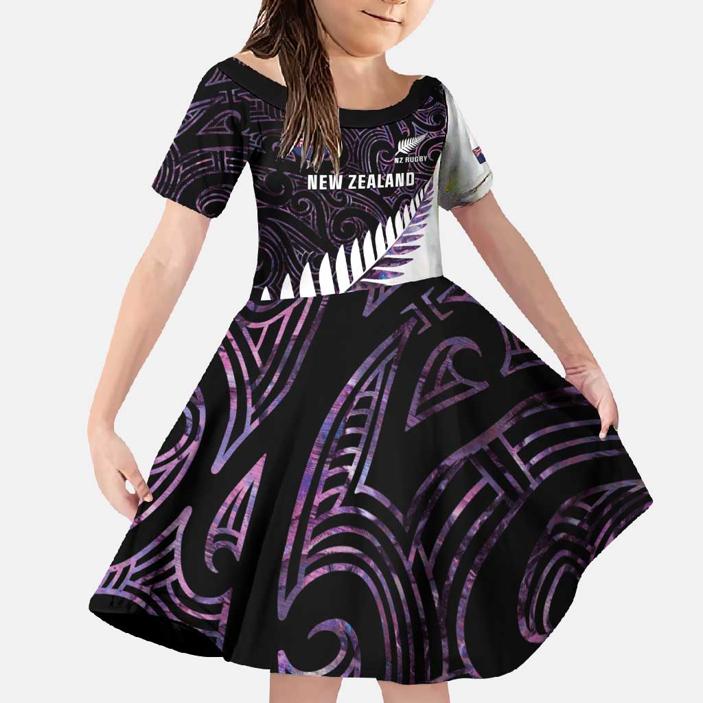 New Zealand Silver Fern Rugby Custom Family Matching Summer Maxi Dress and Hawaiian Shirt Go All Black Purple Maori Paua Shell LT14 Daughter's Dress Purple - Polynesian Pride