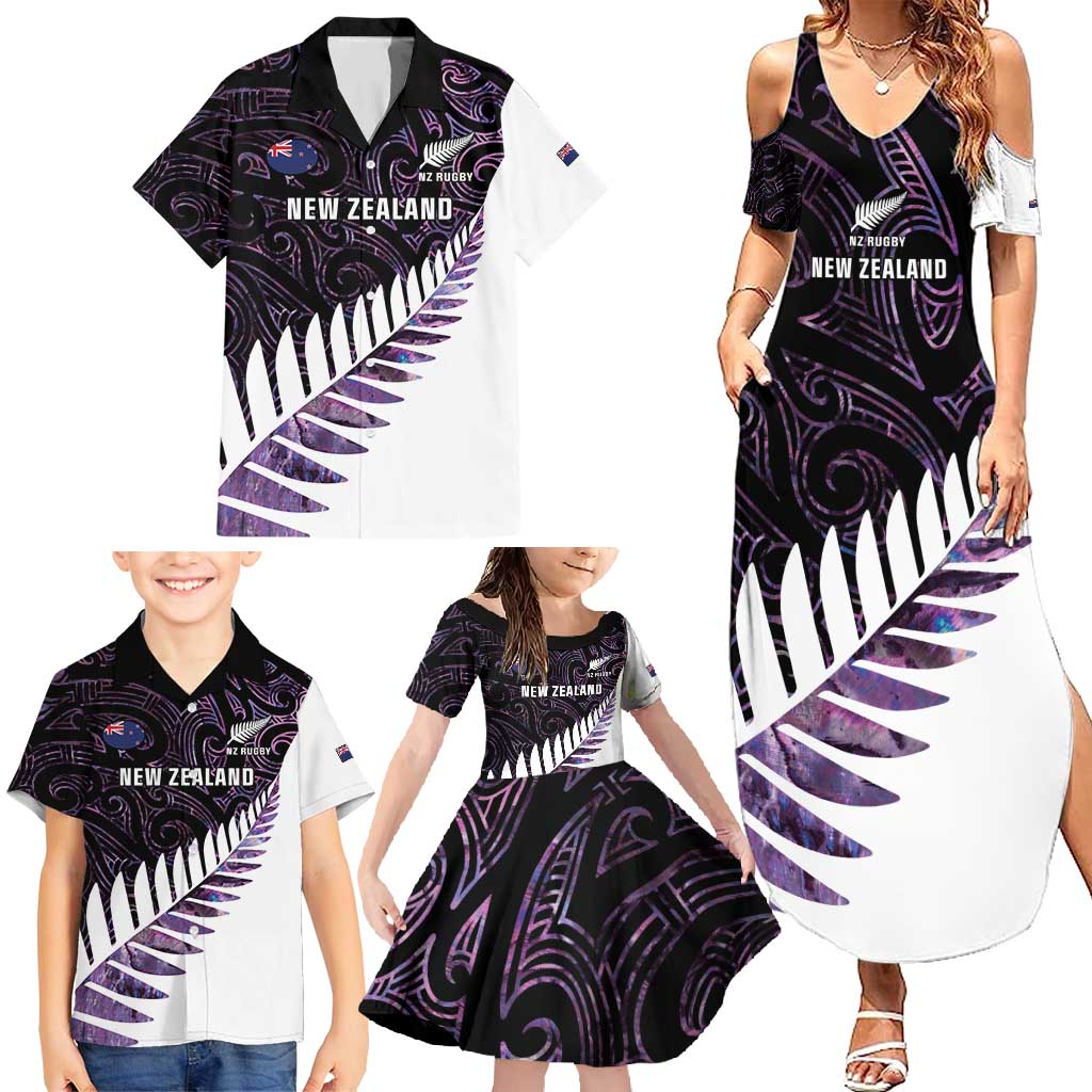 New Zealand Silver Fern Rugby Custom Family Matching Summer Maxi Dress and Hawaiian Shirt Go All Black Purple Maori Paua Shell LT14 - Polynesian Pride