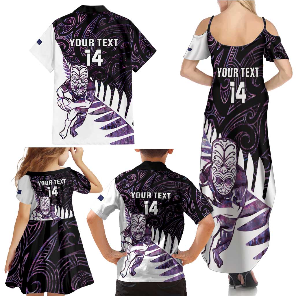 New Zealand Silver Fern Rugby Custom Family Matching Summer Maxi Dress and Hawaiian Shirt Go All Black Purple Maori Paua Shell LT14 - Polynesian Pride