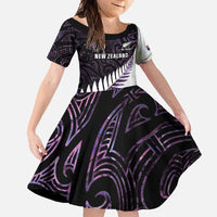 New Zealand Silver Fern Rugby Custom Family Matching Tank Maxi Dress and Hawaiian Shirt Go All Black Purple Maori Paua Shell LT14 Daughter's Dress Purple - Polynesian Pride