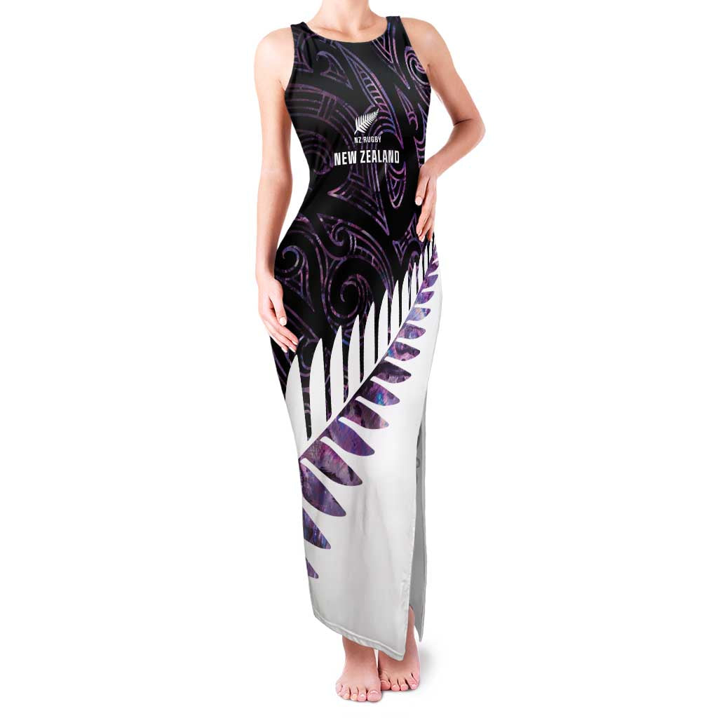 New Zealand Silver Fern Rugby Custom Family Matching Tank Maxi Dress and Hawaiian Shirt Go All Black Purple Maori Paua Shell LT14 Mom's Dress Purple - Polynesian Pride