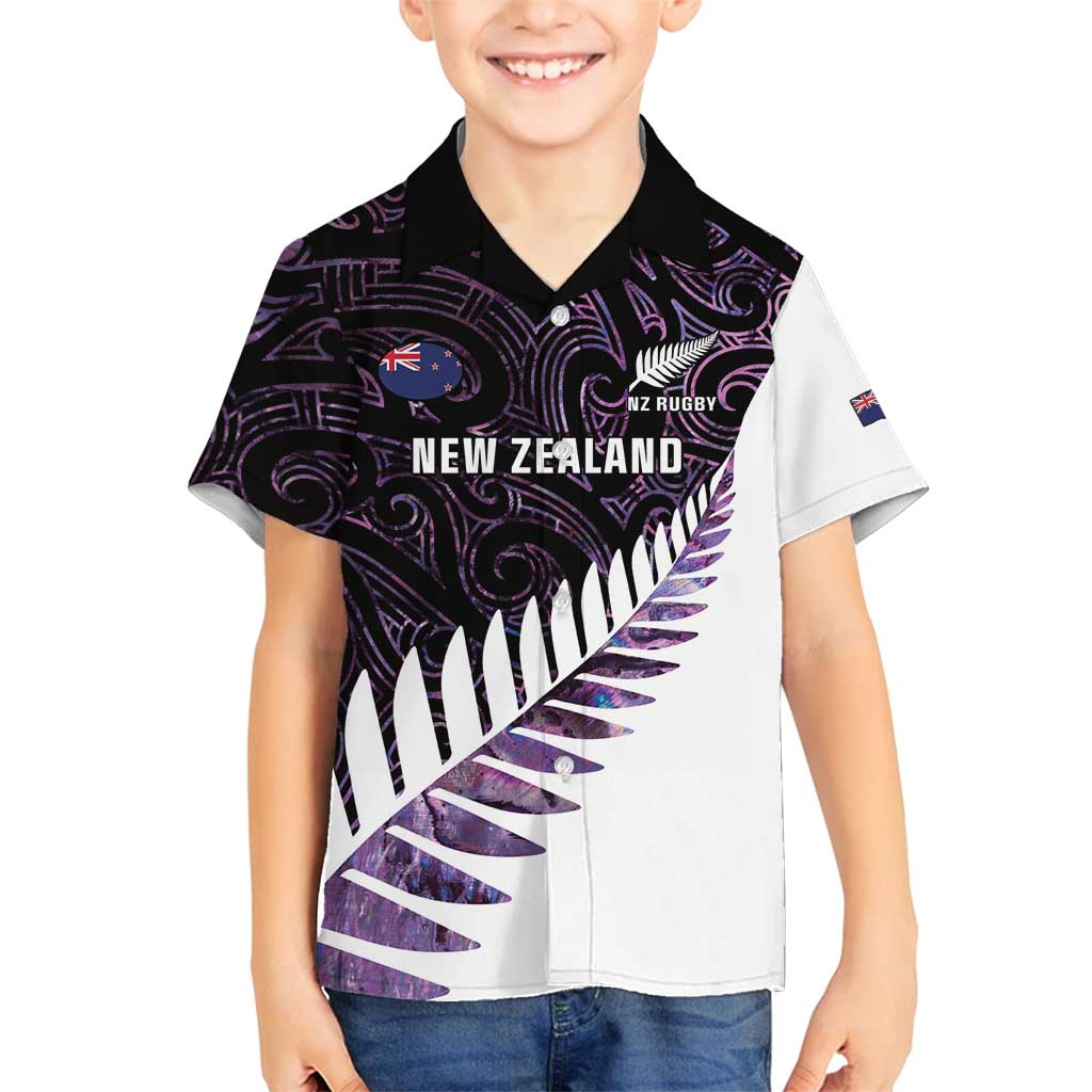 New Zealand Silver Fern Rugby Custom Family Matching Tank Maxi Dress and Hawaiian Shirt Go All Black Purple Maori Paua Shell LT14 Son's Shirt Purple - Polynesian Pride