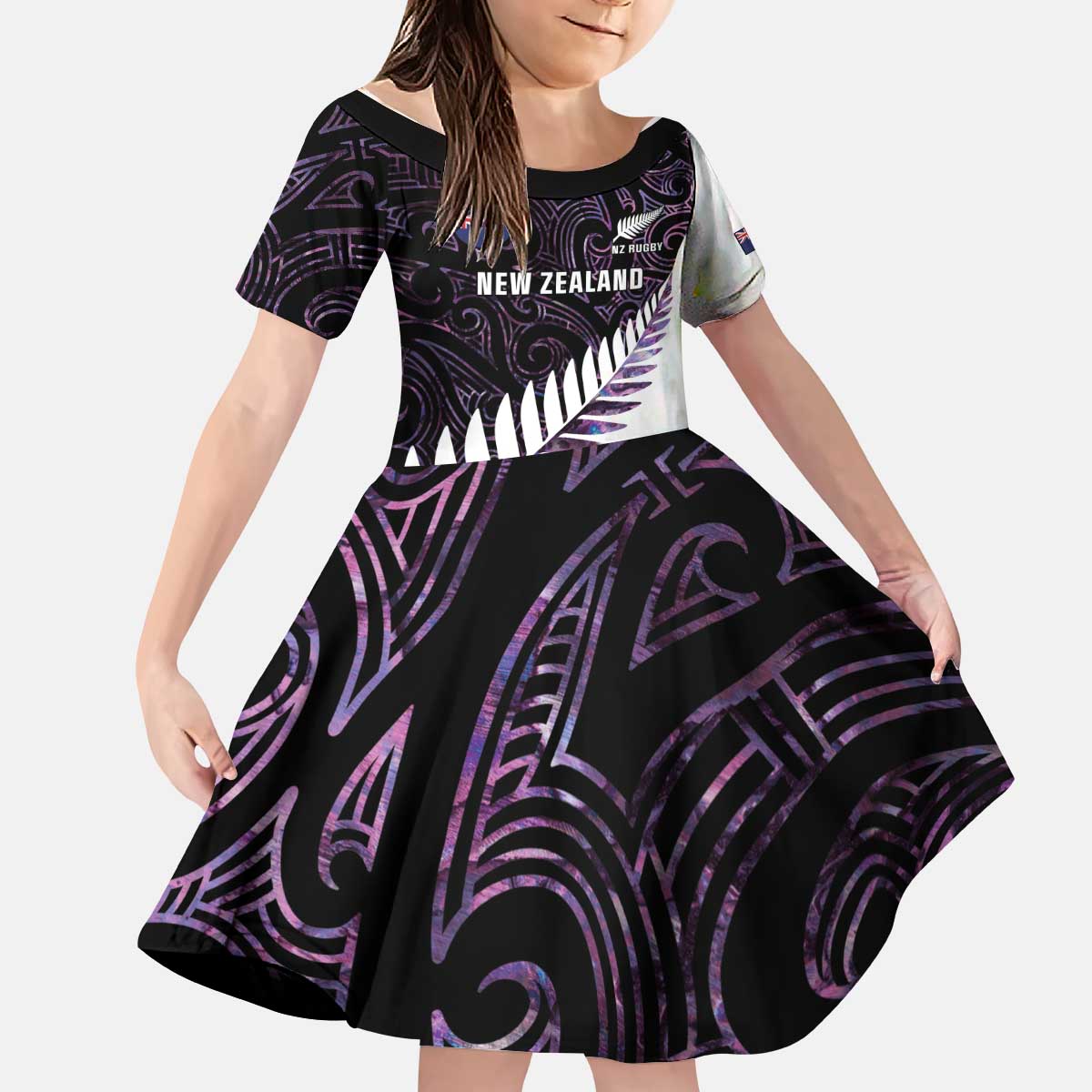 New Zealand Silver Fern Rugby Custom Kid Short Sleeve Dress Go All Black Purple Maori Paua Shell LT14 KID Purple - Polynesian Pride
