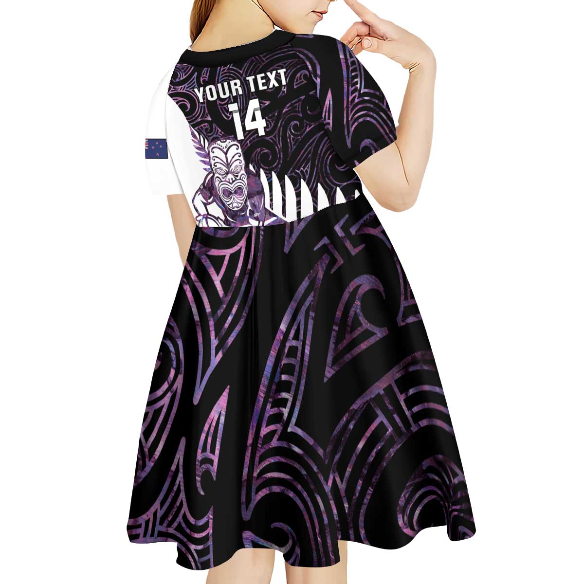 New Zealand Silver Fern Rugby Custom Kid Short Sleeve Dress Go All Black Purple Maori Paua Shell LT14 - Polynesian Pride