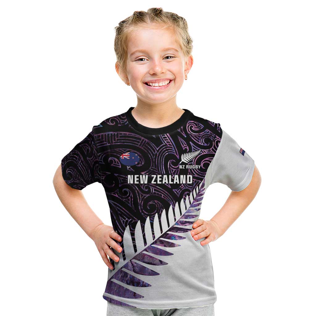 New Zealand Silver Fern Rugby Custom Kid T Shirt Go All Black Purple Maori Paua Shell LT14 Purple - Polynesian Pride