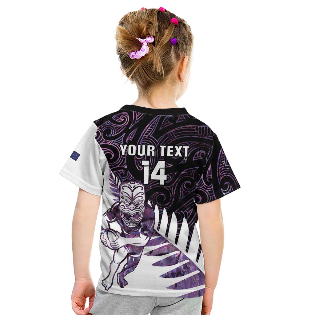 New Zealand Silver Fern Rugby Custom Kid T Shirt Go All Black Purple Maori Paua Shell LT14 - Polynesian Pride