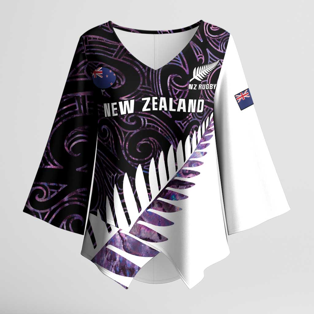 New Zealand Silver Fern Rugby Custom Kimono Sleeve Blouse Go All Black Purple Maori Paua Shell LT14 Female Purple - Polynesian Pride