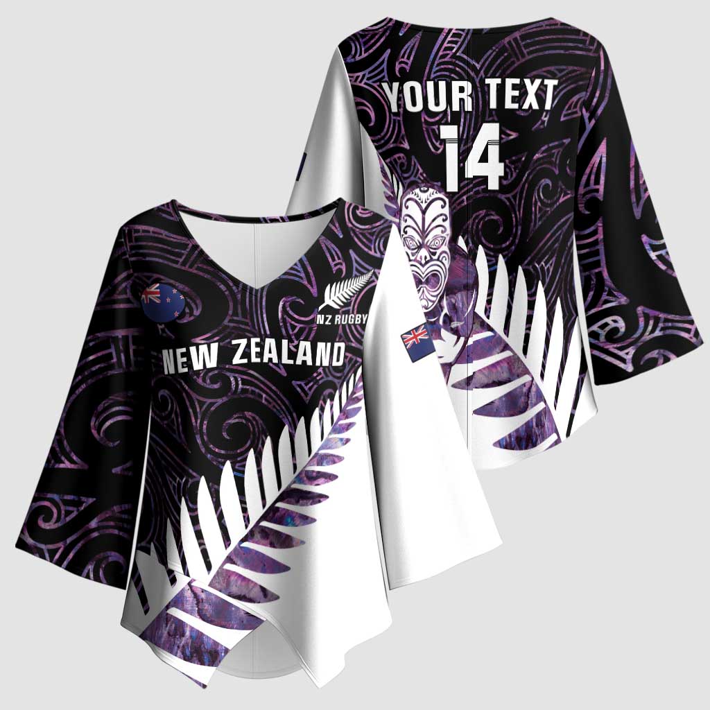 New Zealand Silver Fern Rugby Custom Kimono Sleeve Blouse Go All Black Purple Maori Paua Shell LT14 - Polynesian Pride