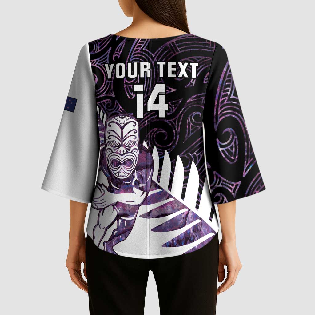 New Zealand Silver Fern Rugby Custom Kimono Sleeve Blouse Go All Black Purple Maori Paua Shell LT14 - Polynesian Pride