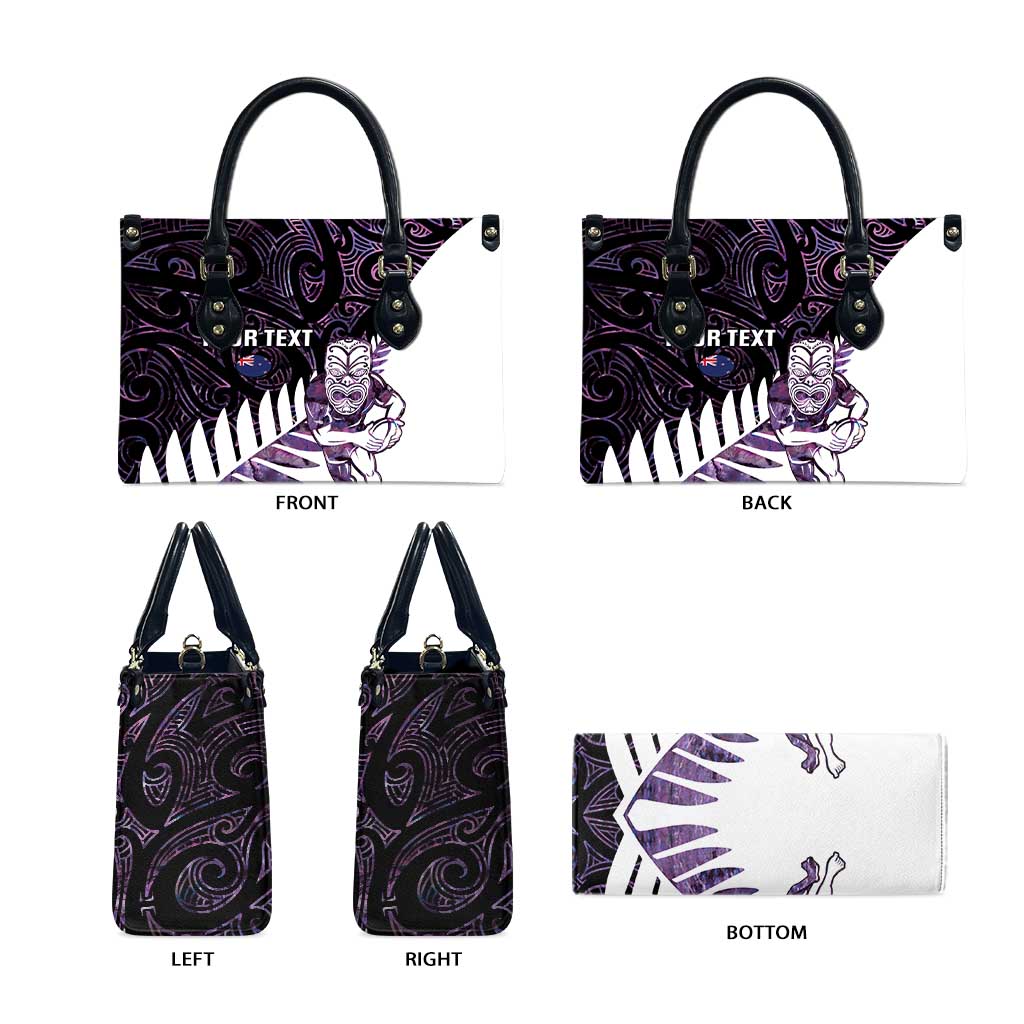New Zealand Silver Fern Rugby Custom Leather Bag Go All Black Purple Maori Paua Shell LT14 - Polynesian Pride
