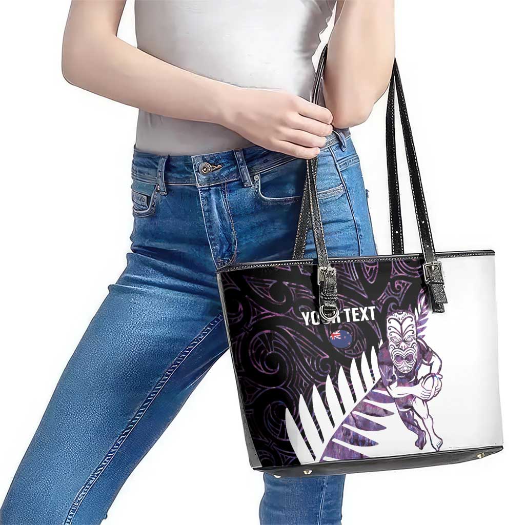 New Zealand Silver Fern Rugby Custom Leather Tote Bag Go All Black Purple Maori Paua Shell LT14 - Polynesian Pride