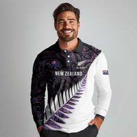 New Zealand Silver Fern Rugby Custom Long Sleeve Polo Shirt Go All Black Purple Maori Paua Shell LT14 - Polynesian Pride