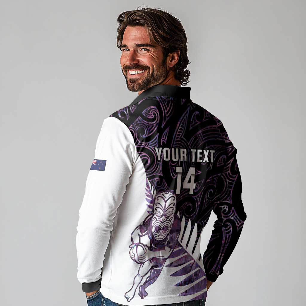 New Zealand Silver Fern Rugby Custom Long Sleeve Polo Shirt Go All Black Purple Maori Paua Shell LT14 - Polynesian Pride