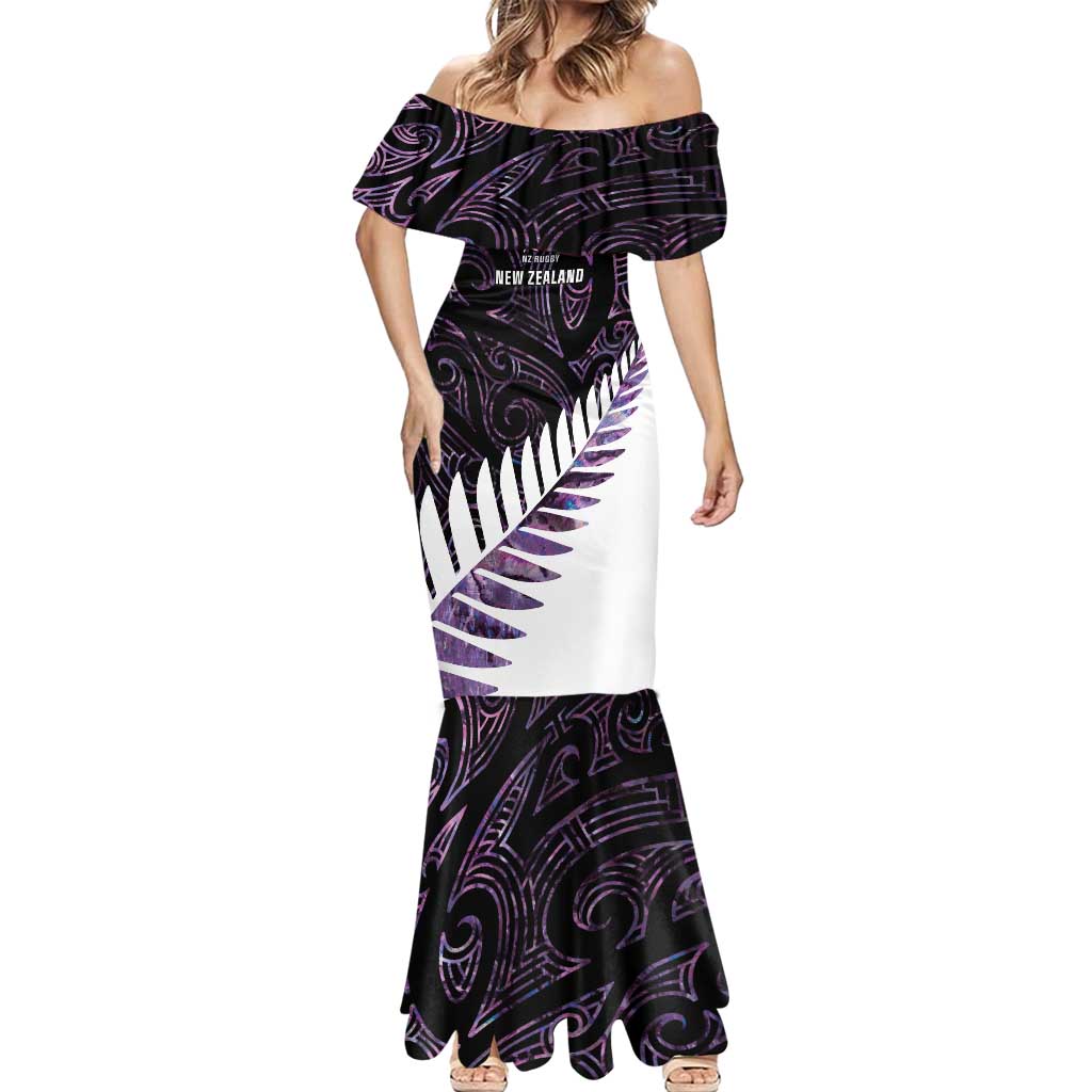 New Zealand Silver Fern Rugby Custom Mermaid Dress Go All Black Purple Maori Paua Shell LT14 - Polynesian Pride
