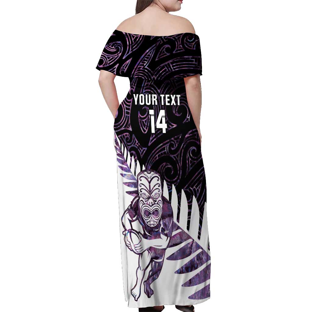 New Zealand Silver Fern Rugby Custom Off Shoulder Maxi Dress Go All Black Purple Maori Paua Shell LT14 - Polynesian Pride