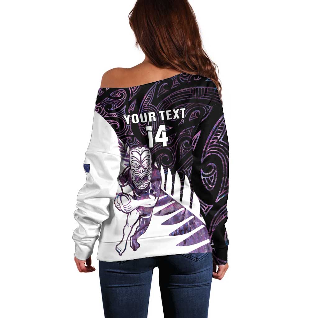 New Zealand Silver Fern Rugby Custom Off Shoulder Sweater Go All Black Purple Maori Paua Shell LT14 - Polynesian Pride