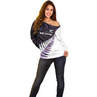 New Zealand Silver Fern Rugby Custom Off Shoulder Sweater Go All Black Purple Maori Paua Shell LT14 - Polynesian Pride