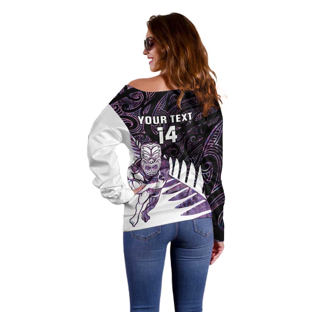 New Zealand Silver Fern Rugby Custom Off Shoulder Sweater Go All Black Purple Maori Paua Shell LT14 - Polynesian Pride