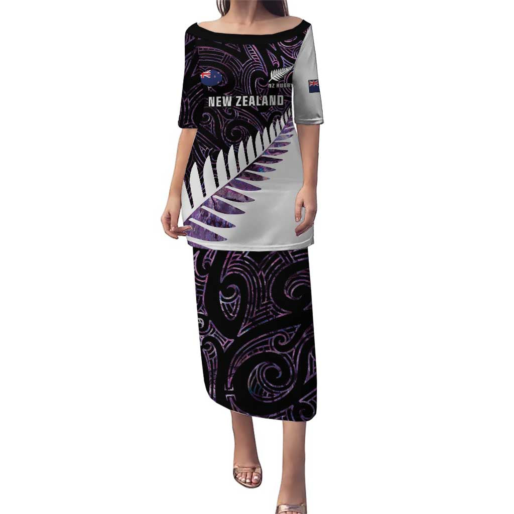 New Zealand Silver Fern Rugby Custom Puletasi Go All Black Purple Maori Paua Shell LT14 Long Dress Purple - Polynesian Pride