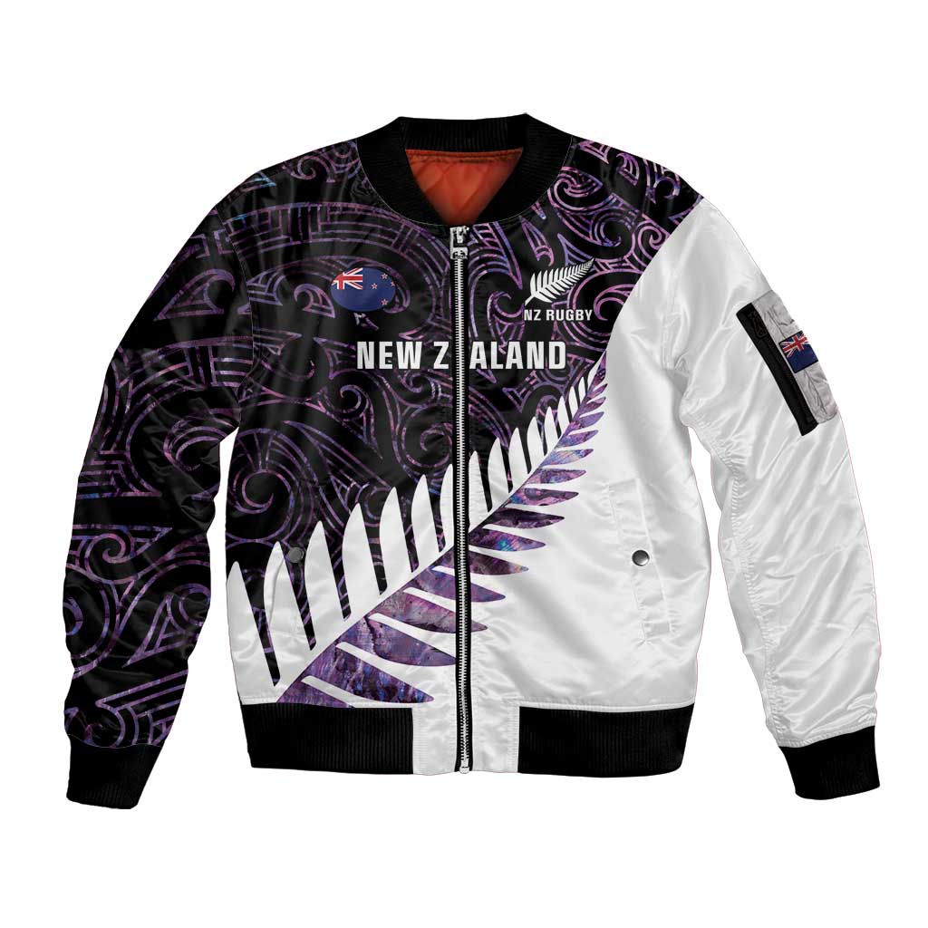 New Zealand Silver Fern Rugby Custom Sleeve Zip Bomber Jacket Go All Black Purple Maori Paua Shell LT14 Unisex Purple - Polynesian Pride