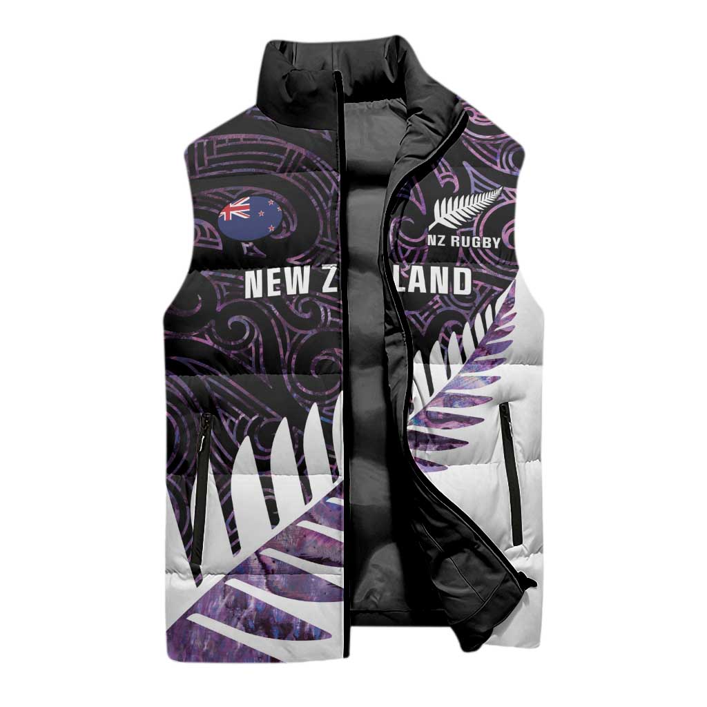 New Zealand Silver Fern Rugby Custom Sleeveless Puffer Jacket Go All Black Purple Maori Paua Shell - Polynesian Pride