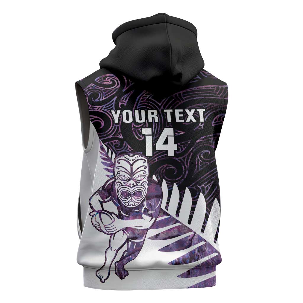 New Zealand Silver Fern Rugby Custom Sleeveless Zip Hoodie Go All Black Purple Maori Paua Shell LT14 - Polynesian Pride